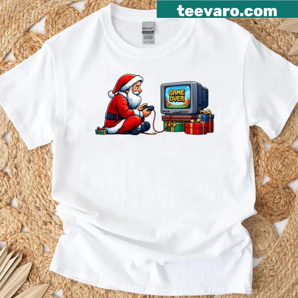 Retro Santa with Game Over graphic on a Christmas-themed tee.