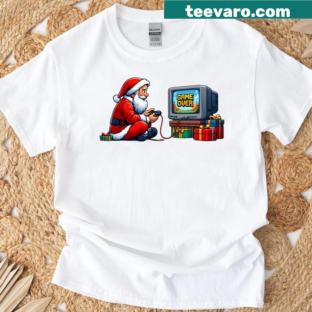 Retro Santa with Game Over graphic on a Christmas-themed tee. — on a men's t-shirt