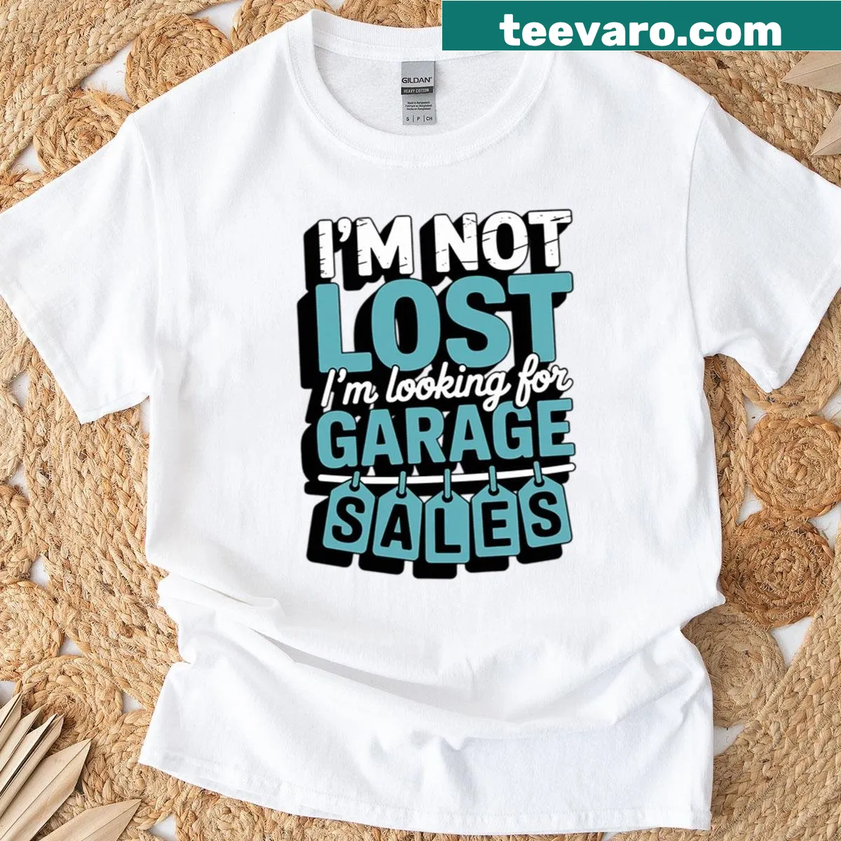 Typography t-shirt celebrating garage sales and auctions — on a men's t-shirt