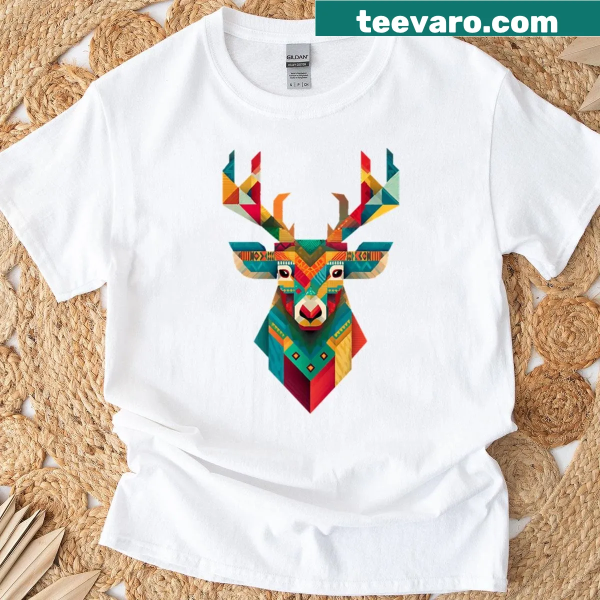Geometric tribal deer illustration on a minimalist t-shirt — on a men's t-shirt