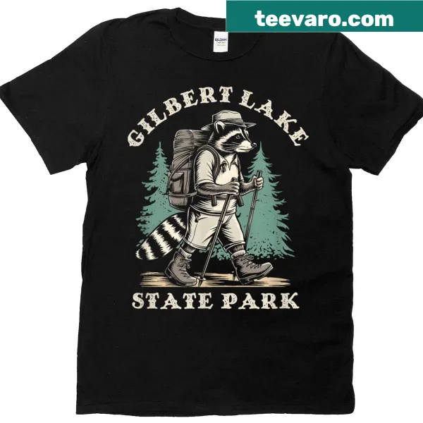 Charming raccoon graphic representing Gilbert Lake State Park on t-shirt