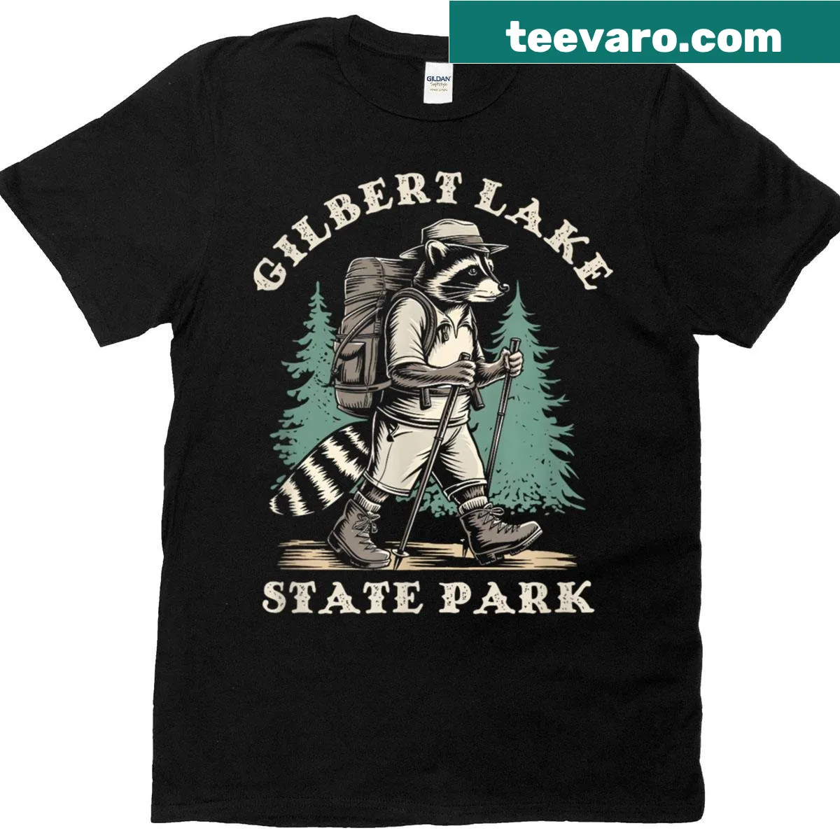 Charming raccoon graphic representing Gilbert Lake State Park on t-shirt — on a men's t-shirt