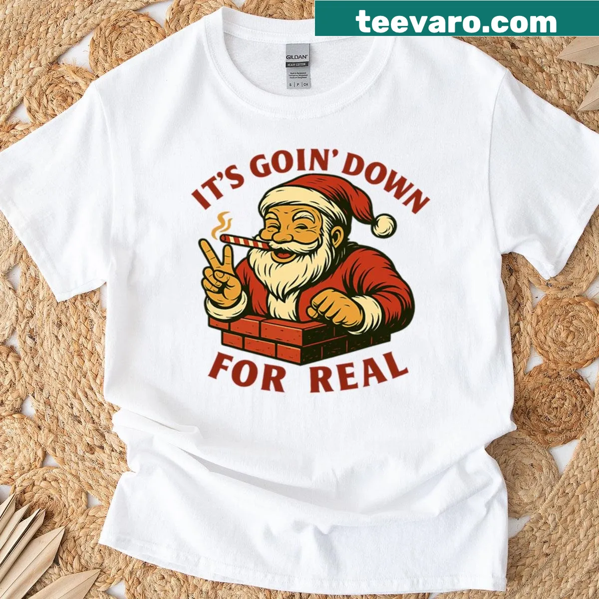 Playful Santa chimney graphic on oversized T-shirt — on a men's t-shirt