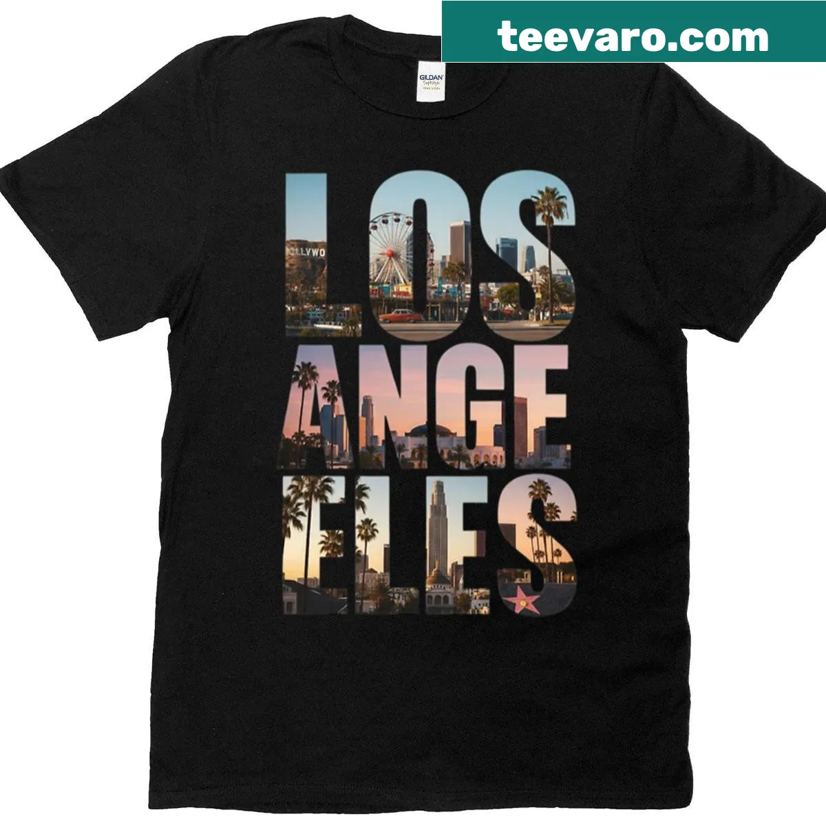 Retro postcard design featuring Las Vegas landmarks on a t-shirt — on a men's t-shirt
