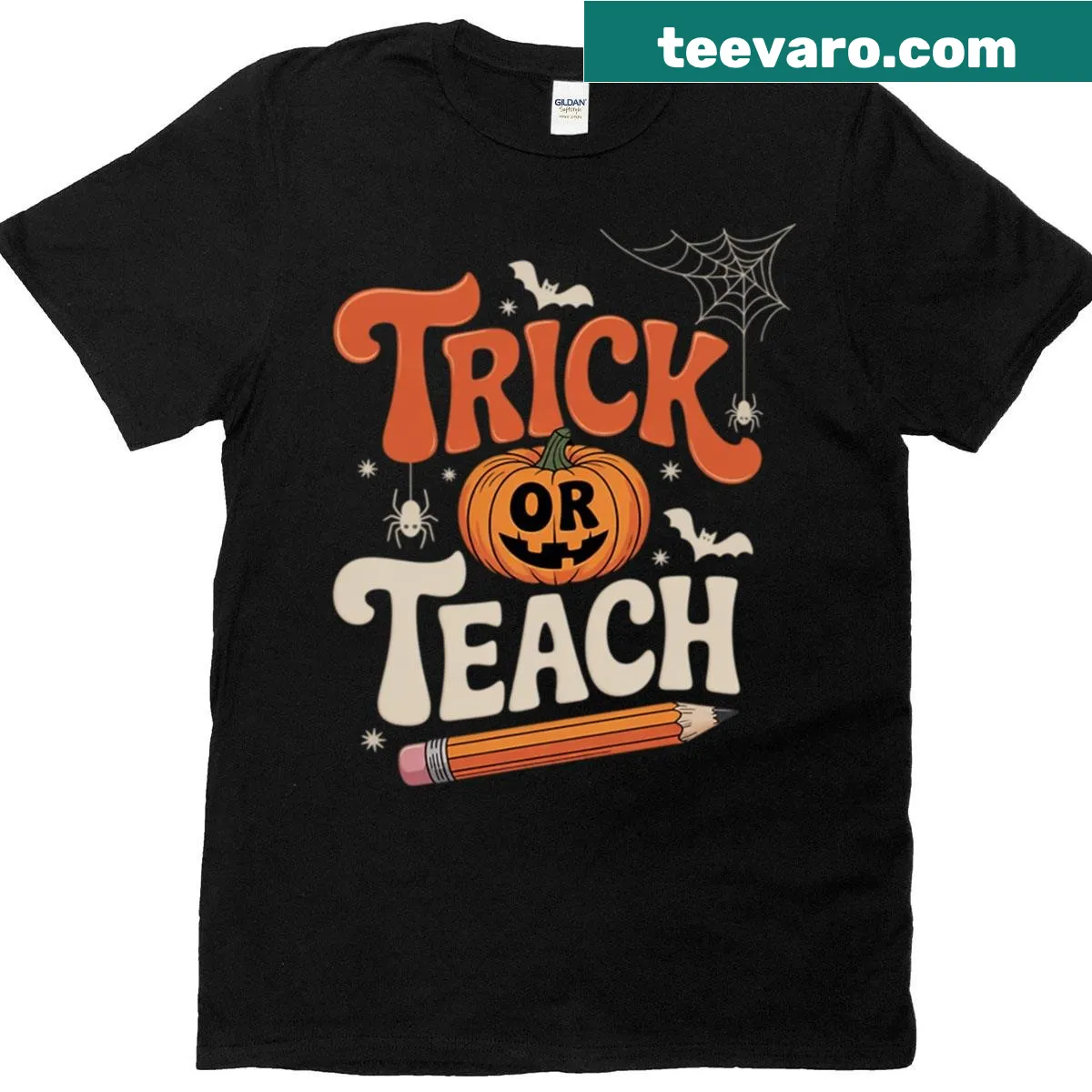 Illustrated Halloween t-shirt with 'Trick or Teach' text — on a men's t-shirt