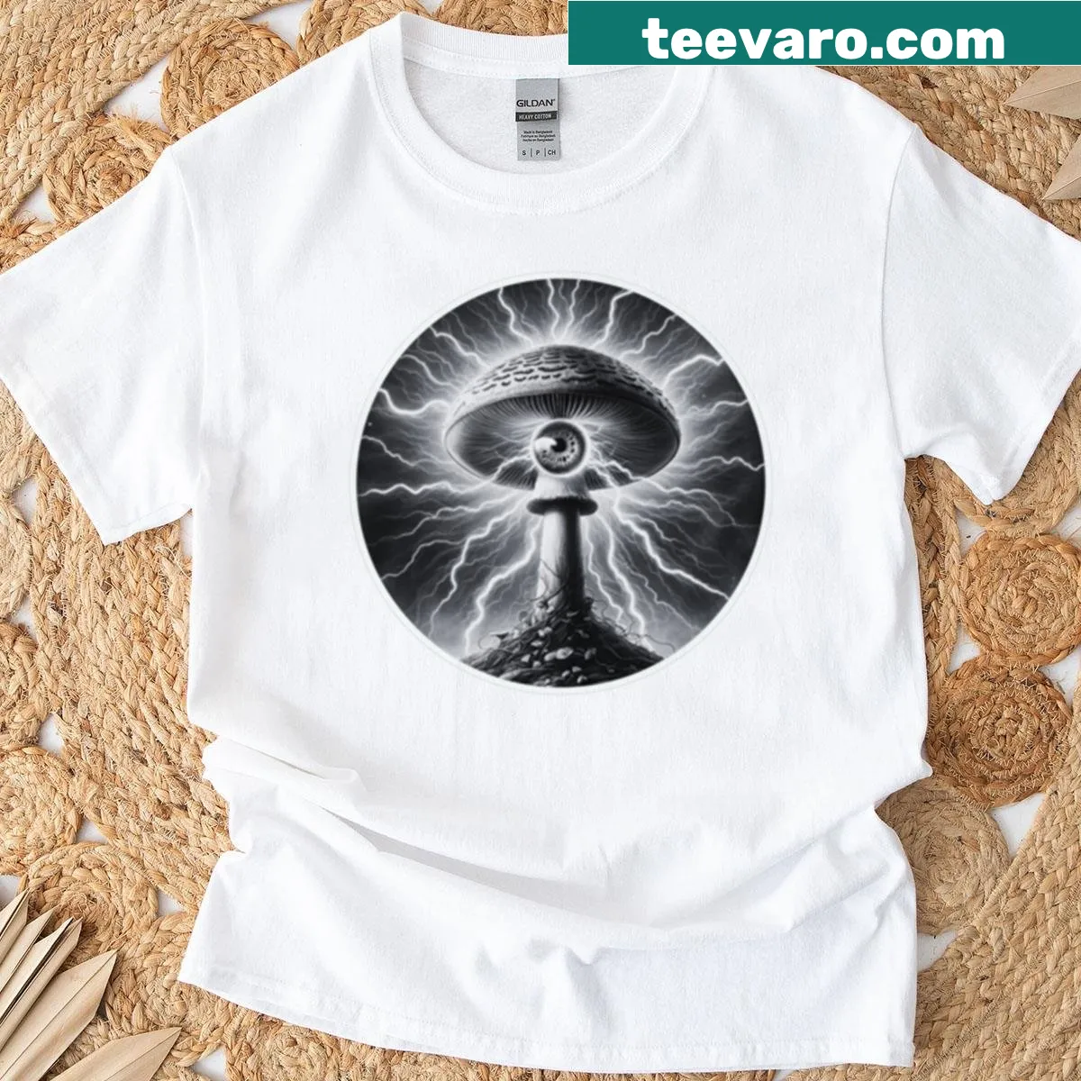 Artistic T-shirt featuring mushrooms and nature-themed design — on a men's t-shirt