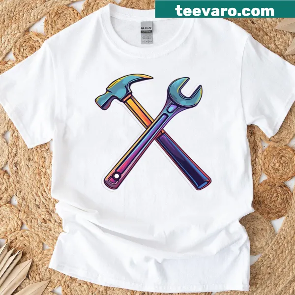 T-shirt featuring a design of crossed hammer and wrench tools