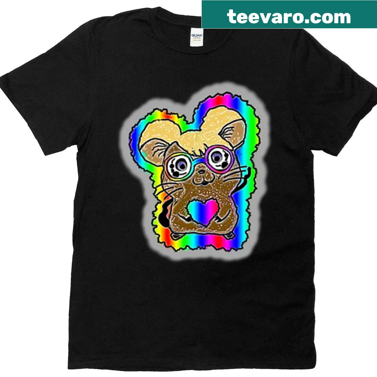 Hand-painted rainbow mouse t-shirt with heart illustration — on a men's t-shirt