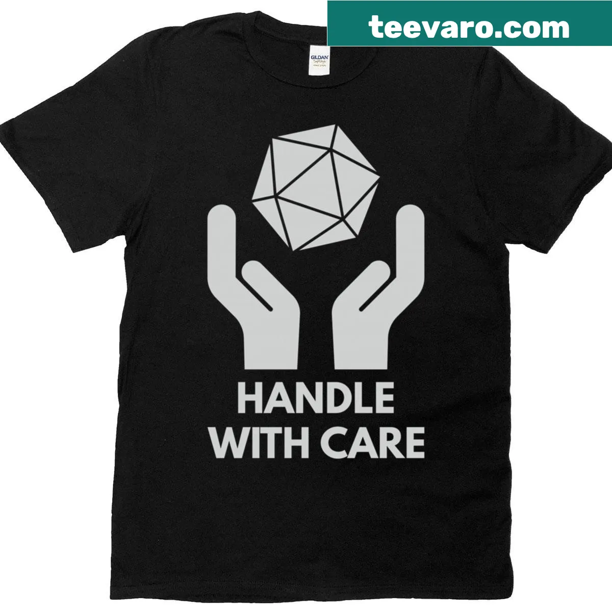 T-shirt with D20 die graphic and 'Handle With Care' text — on a men's t-shirt