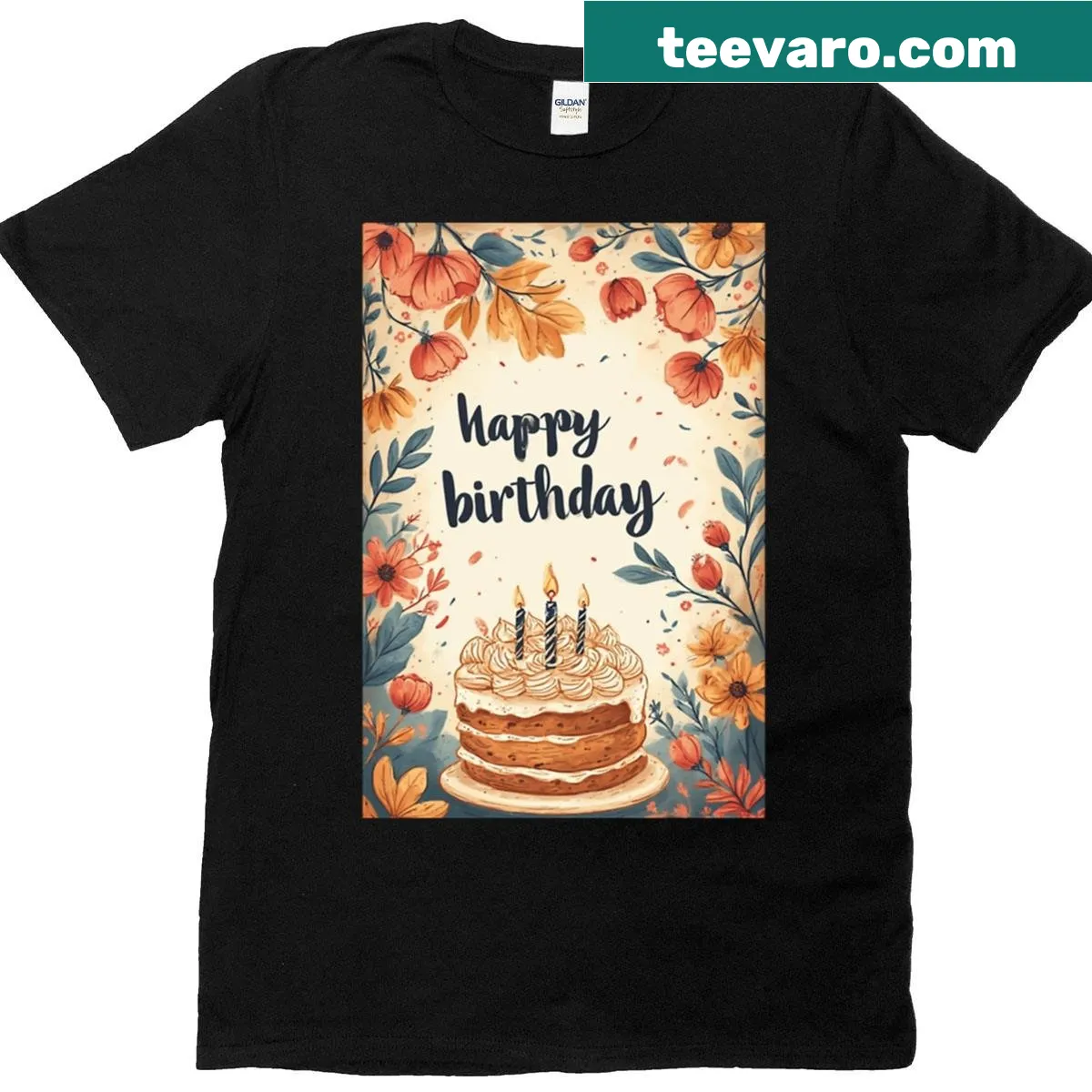 Celebratory t-shirt with 'Happy Birthday' text — on a men's t-shirt