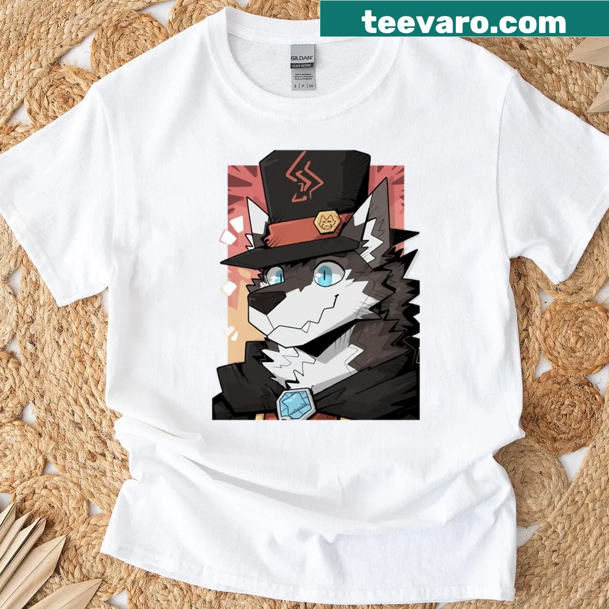 Illustrated T-shirt featuring a happy grey wolf magician in a top hat — on a men's t-shirt