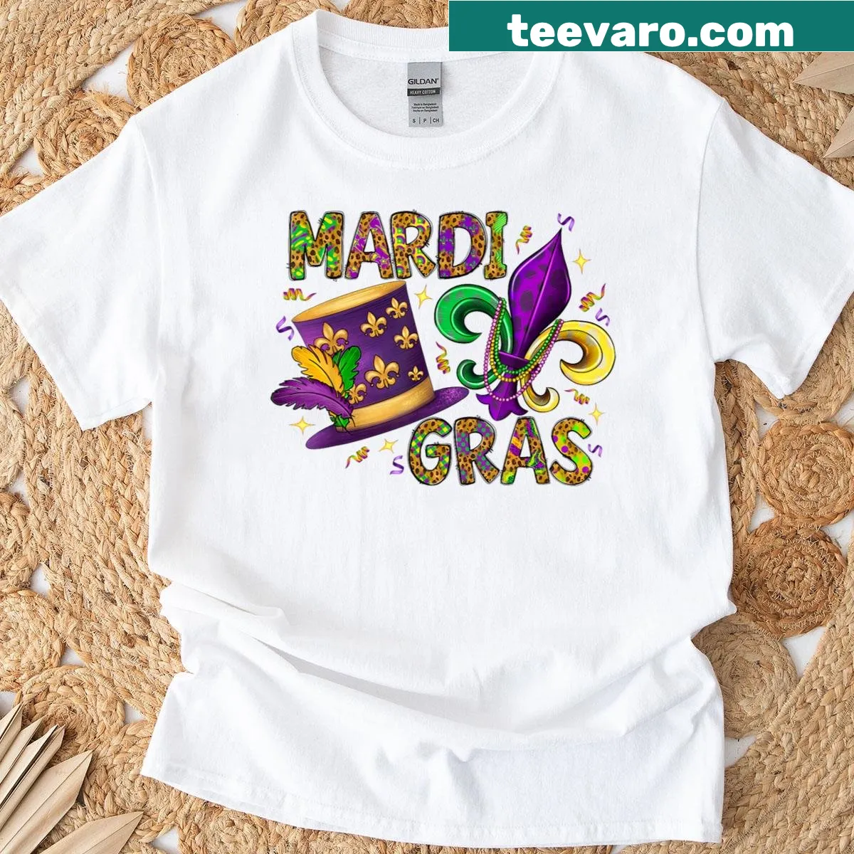 Mardi Gras T-shirt with top hat and Fleur De Lis design — on a men's t-shirt
