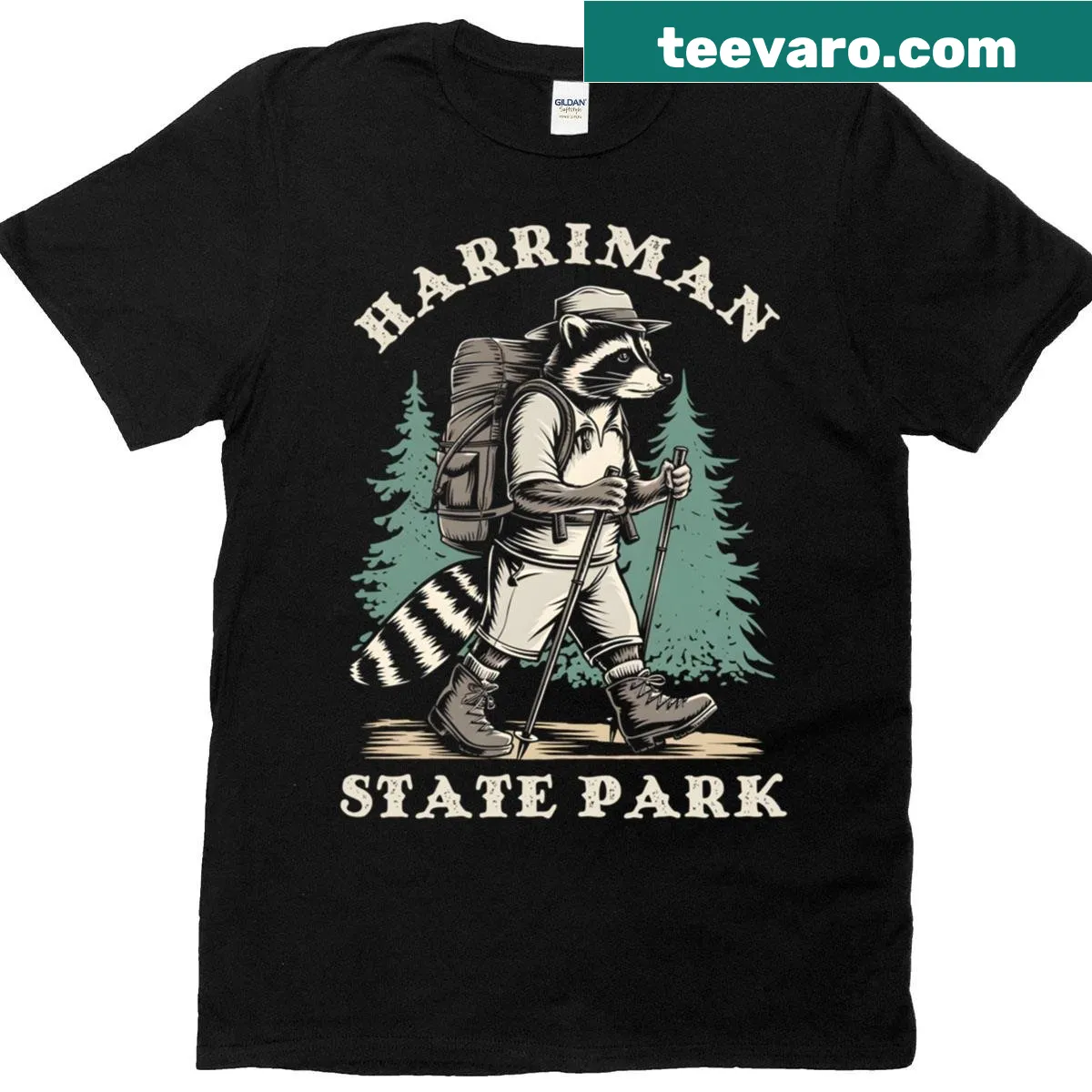 Illustrated raccoon t-shirt celebrating Harriman State Park — on a men's t-shirt
