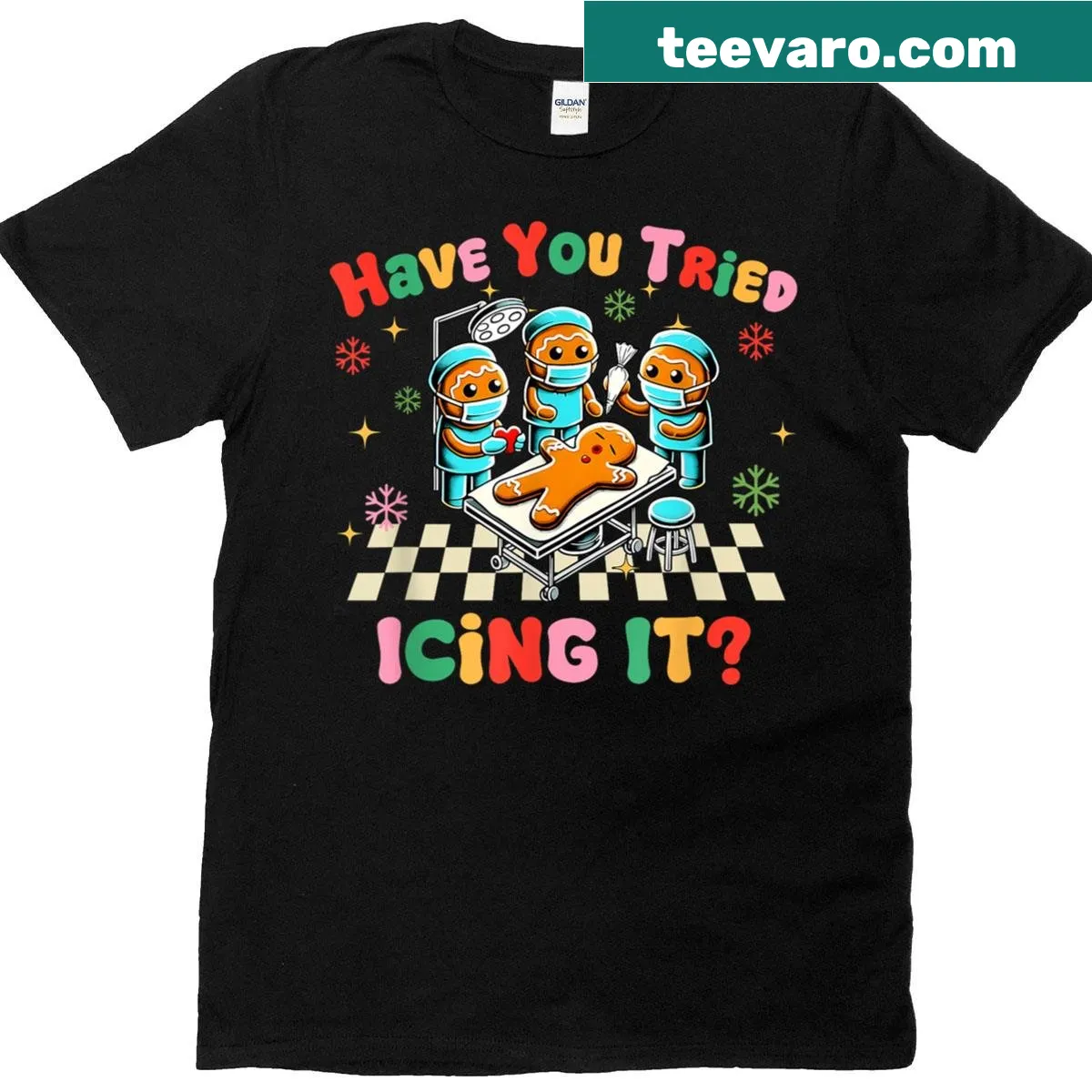 Whimsical Christmas shirt for nurses with a gingerbread theme. — on a men's t-shirt