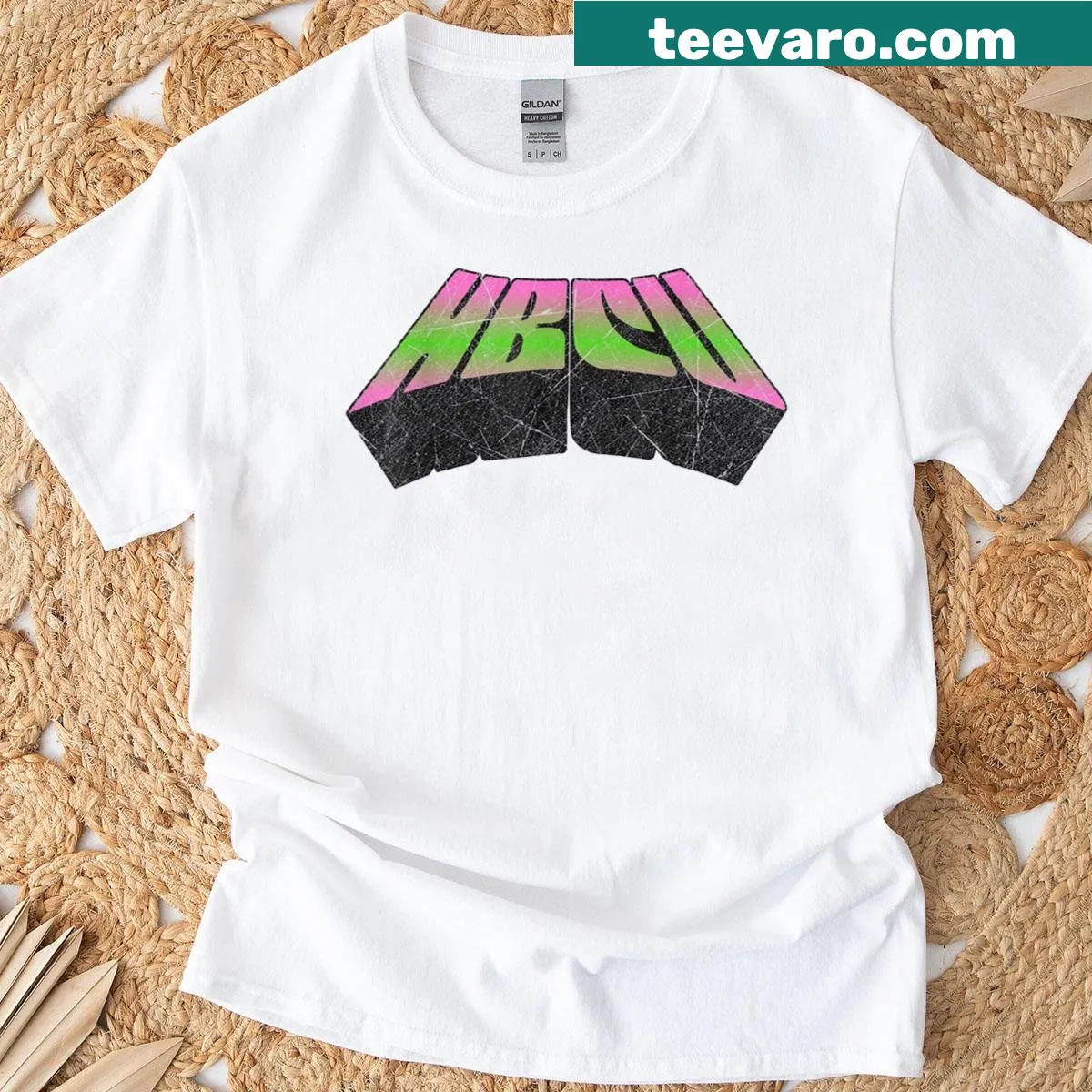 Pink and green HBCU pride T-shirt — on a men's t-shirt