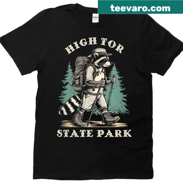 Raccoon illustration representing High Tor State Park on a hiking t-shirt