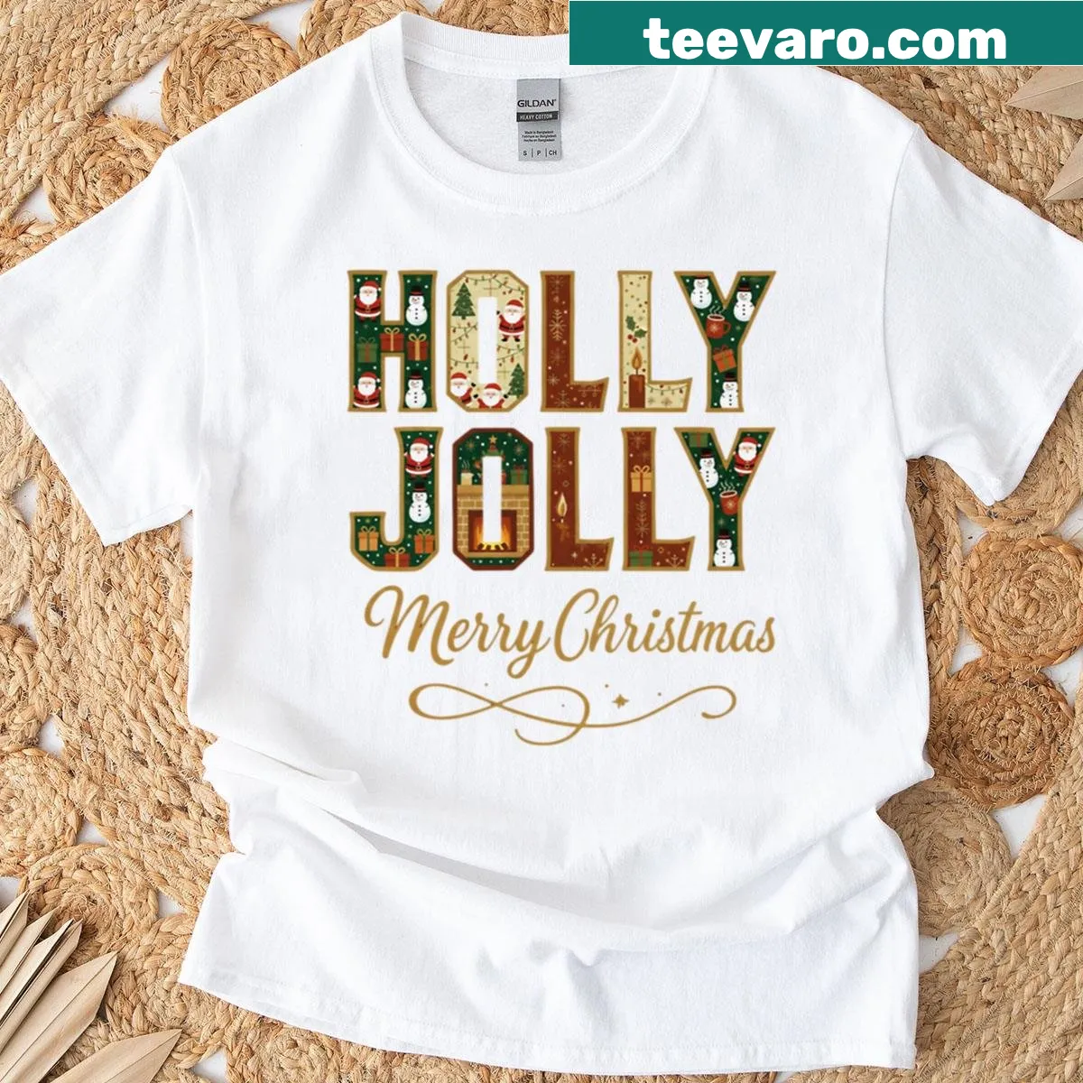 Retro Christmas t-shirt with Holly Jolly lettering — on a men's t-shirt
