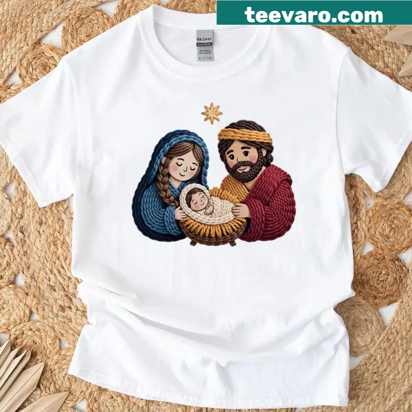Crochet-style Holy Family Nativity scene T-shirt for Christmas