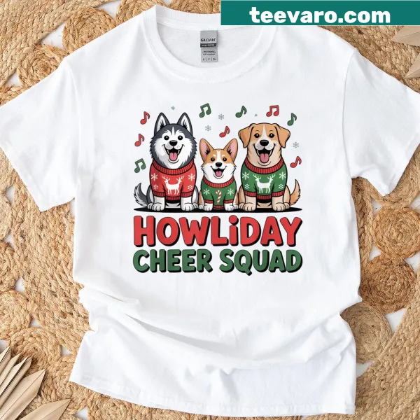 Cute Christmas T-shirt featuring cartoon dogs in festive gear