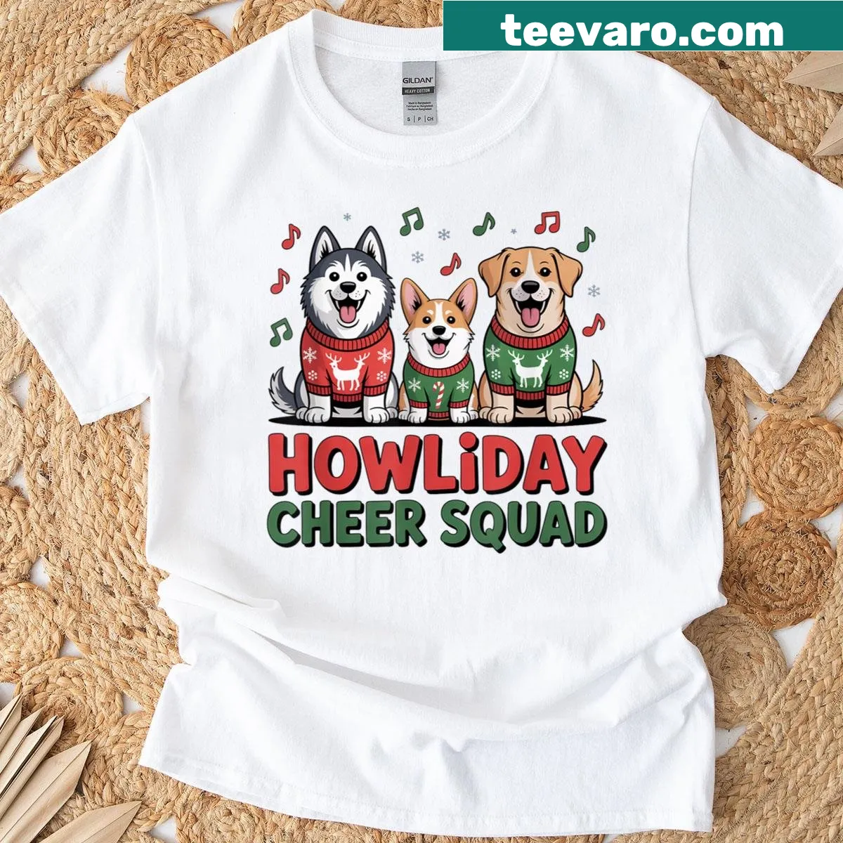 Cute Christmas T-shirt featuring cartoon dogs in festive gear — on a men's t-shirt