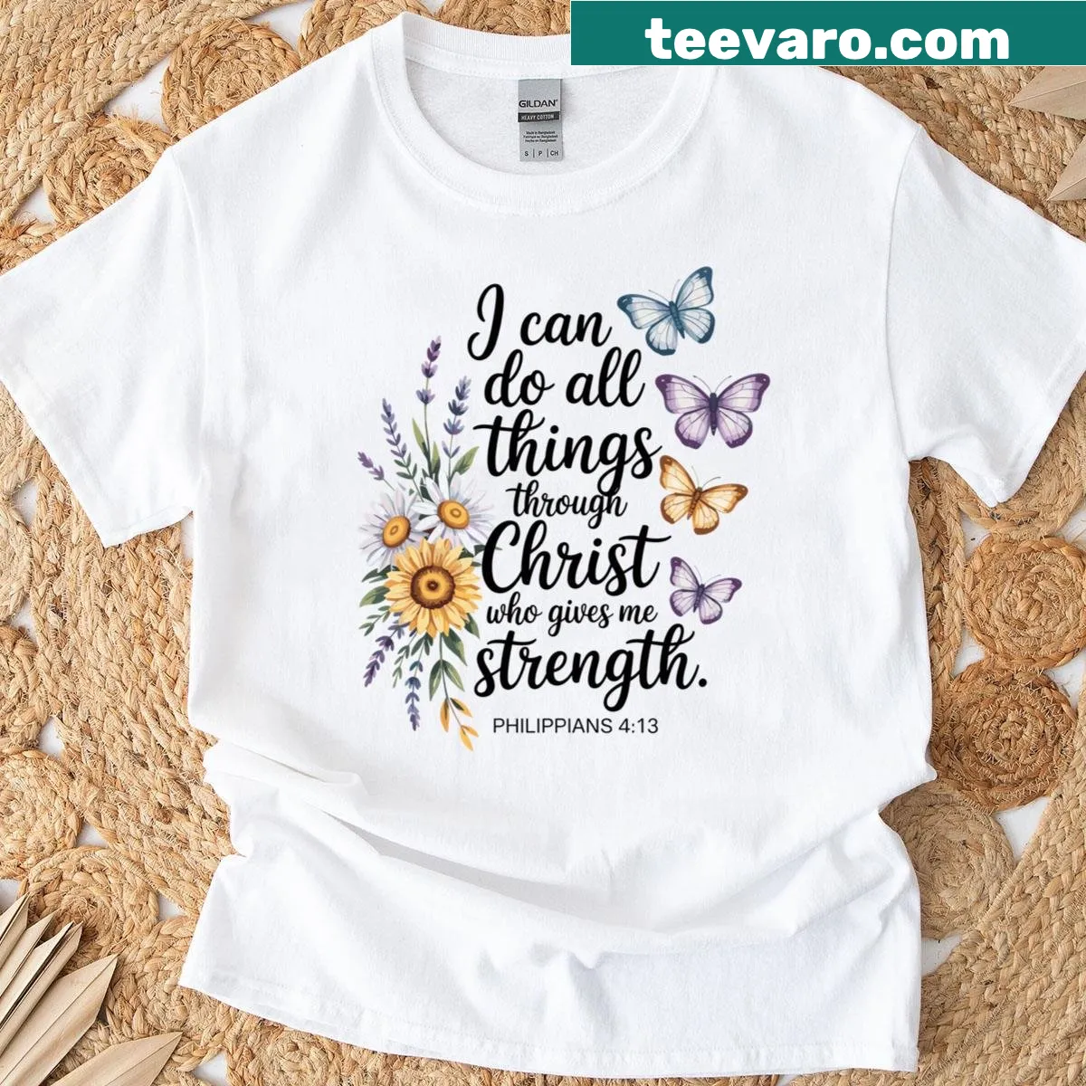 Inspirational T-shirt featuring Philippians 4:13 text — on a men's t-shirt
