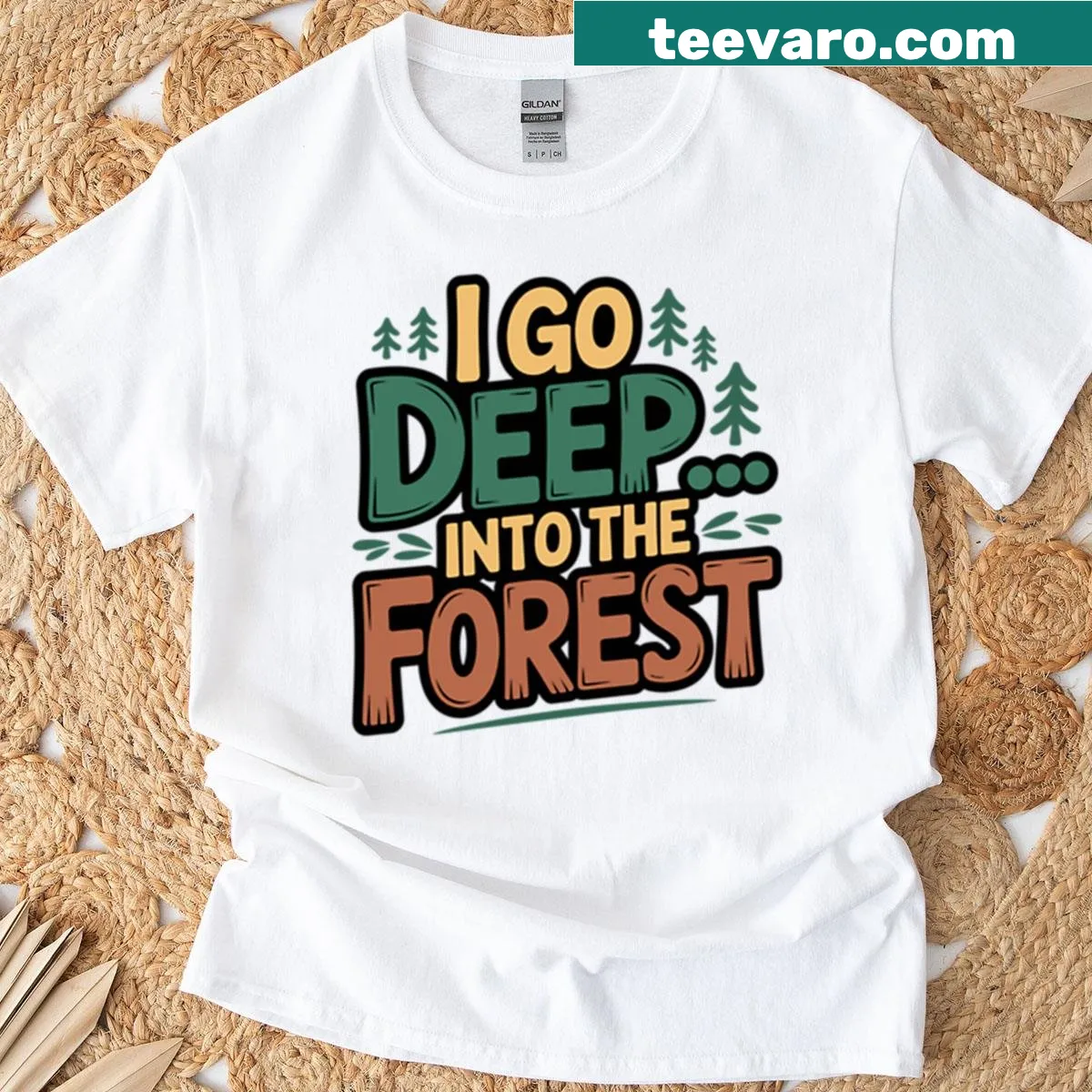 Retro hiking camping T-shirt featuring trees and mountains design — on a men's t-shirt