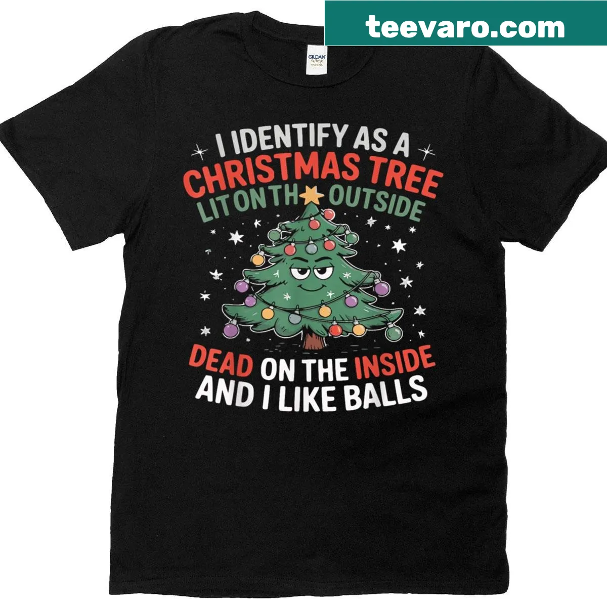 Funny Christmas shirt with text 'I Identify As A Christmas Tree Lit On The Outside' — on a men's t-shirt