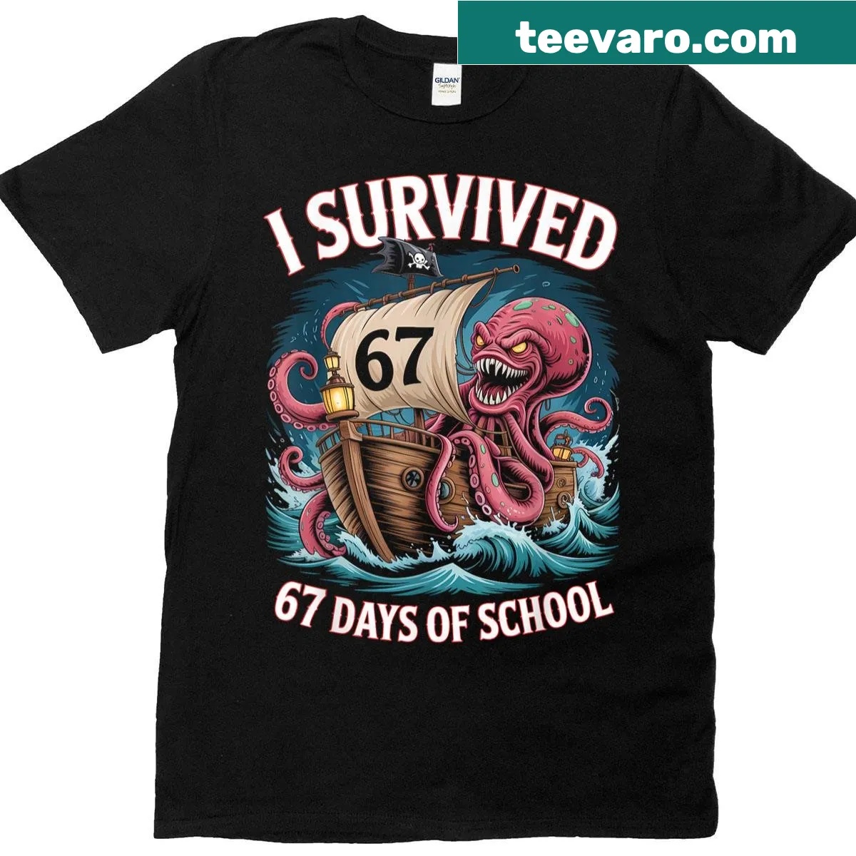 Pirate octopus kids t-shirt celebrating school survival — on a men's t-shirt