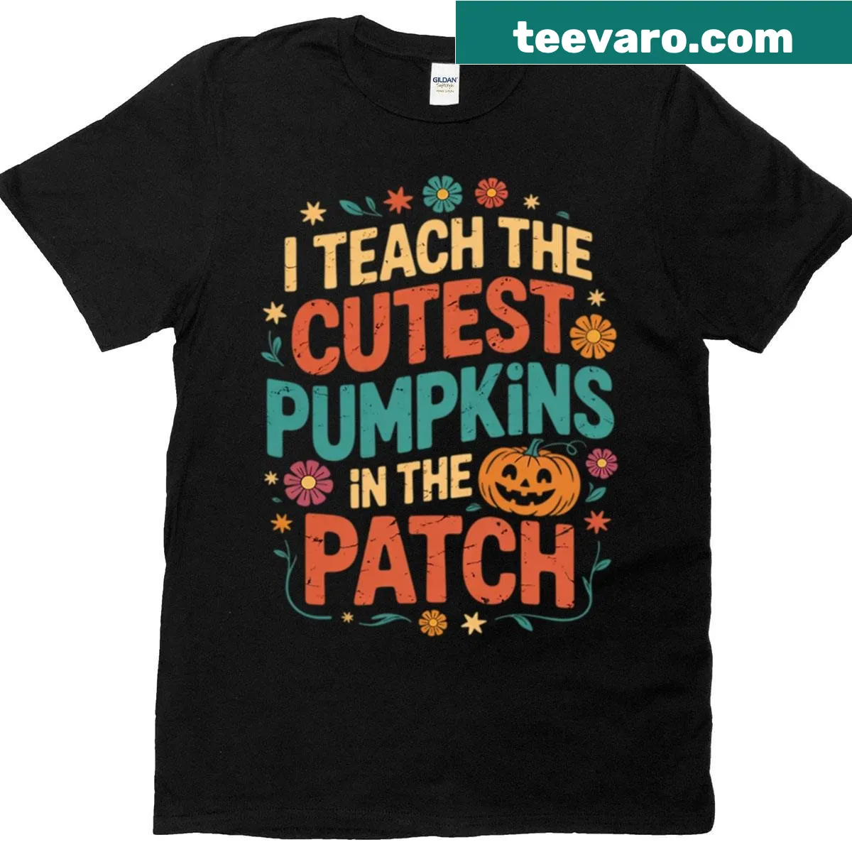 Cute Halloween teacher t-shirt with pumpkins and playful text. — on a men's t-shirt