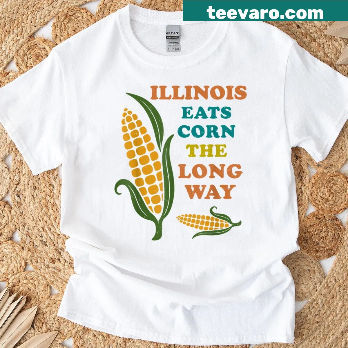 Sarcastic badge-style T-shirt about Illinois and corn — on a men's t-shirt