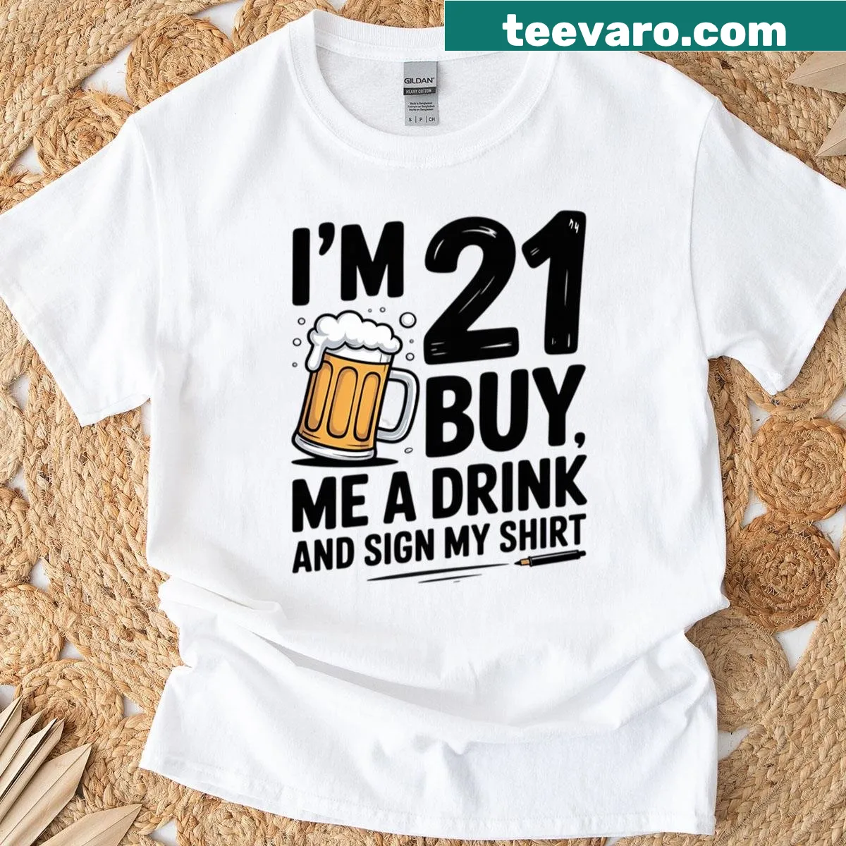 21st birthday t-shirt asking for drinks and signatures — on a men's t-shirt