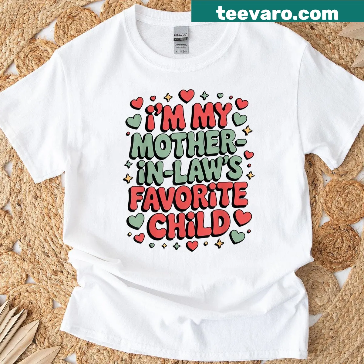 Humorous typography t-shirt stating 'I'm My Mother In Law's Favorite Child' — on a men's t-shirt