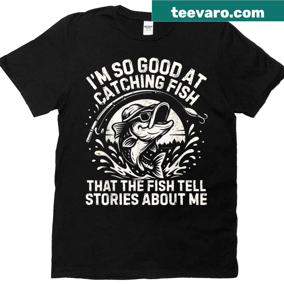 Funny fishing-themed t-shirt with slogan about storytelling fish — on a men's t-shirt