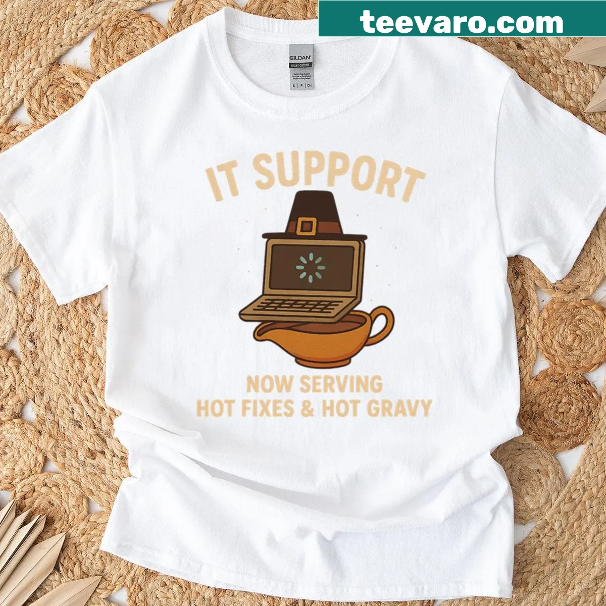 Fun T-shirt with tech support and food humor text — on a men's t-shirt