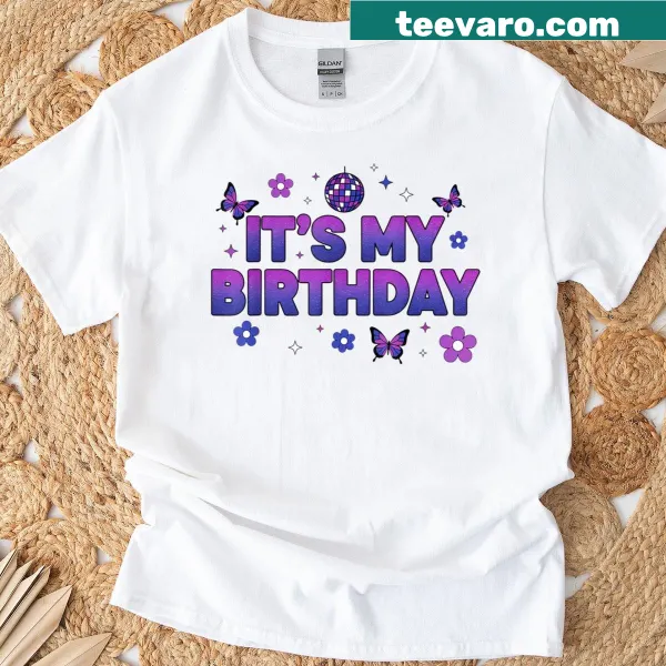 Birthday t-shirt featuring a whimsical disco butterfly illustration