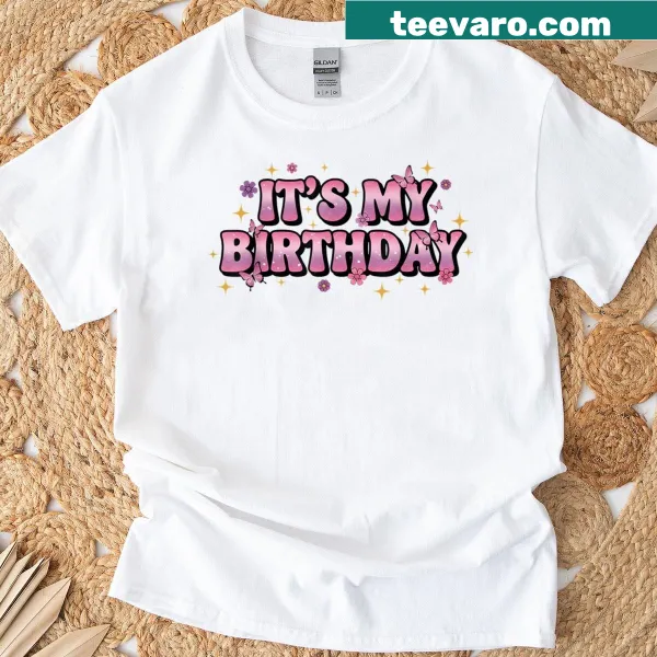Typography shirt with 'It's My Birthday' and pastel sparkles