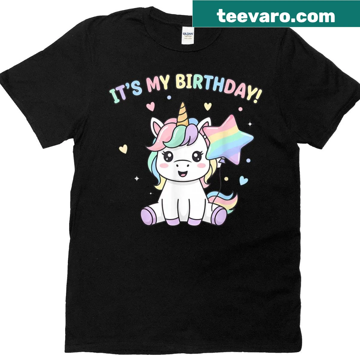 Birthday T-shirt featuring a unicorn with star balloons in a fun illustration. — on a men's t-shirt