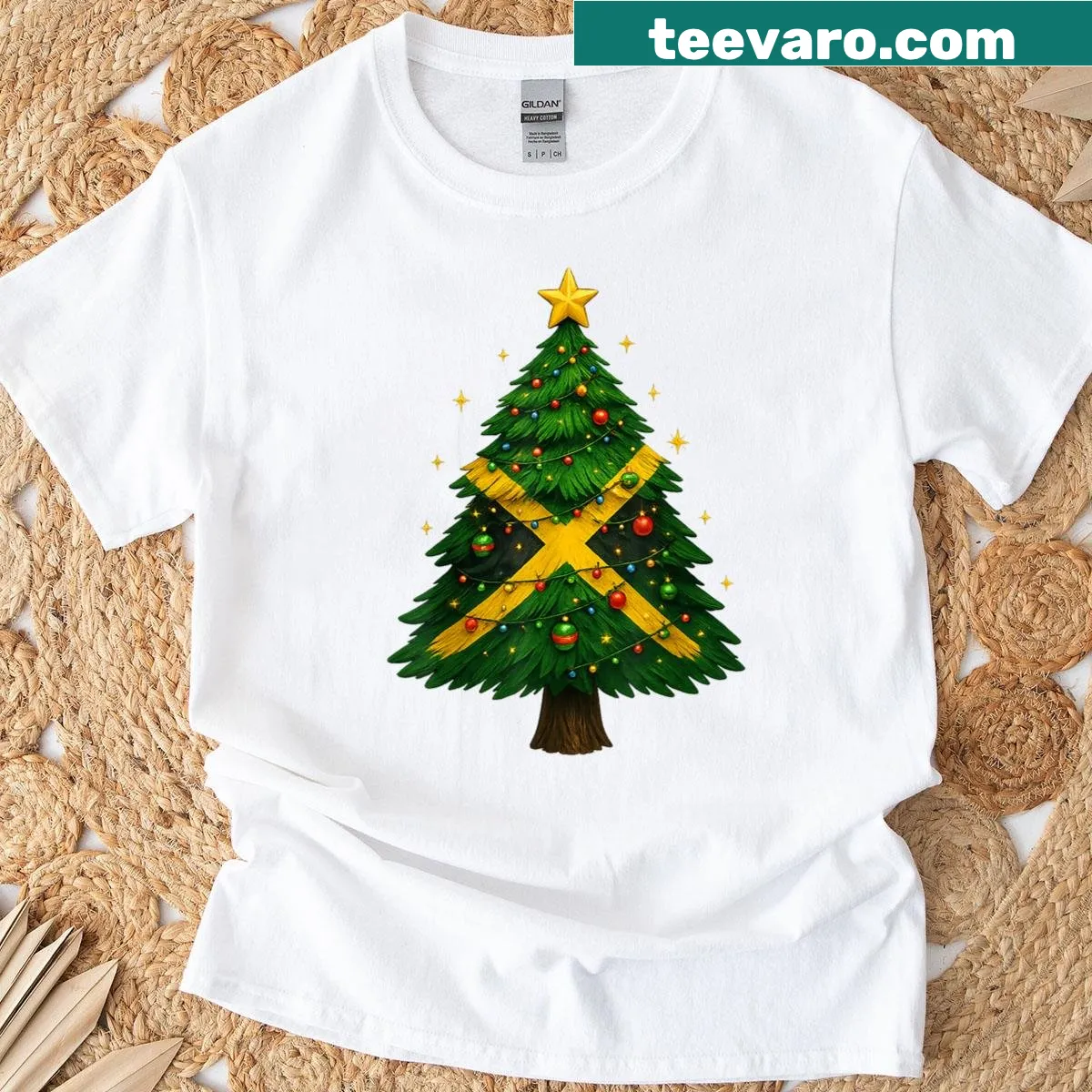 Festive holiday T-shirt with Jamaican Christmas tree graphic — on a men's t-shirt