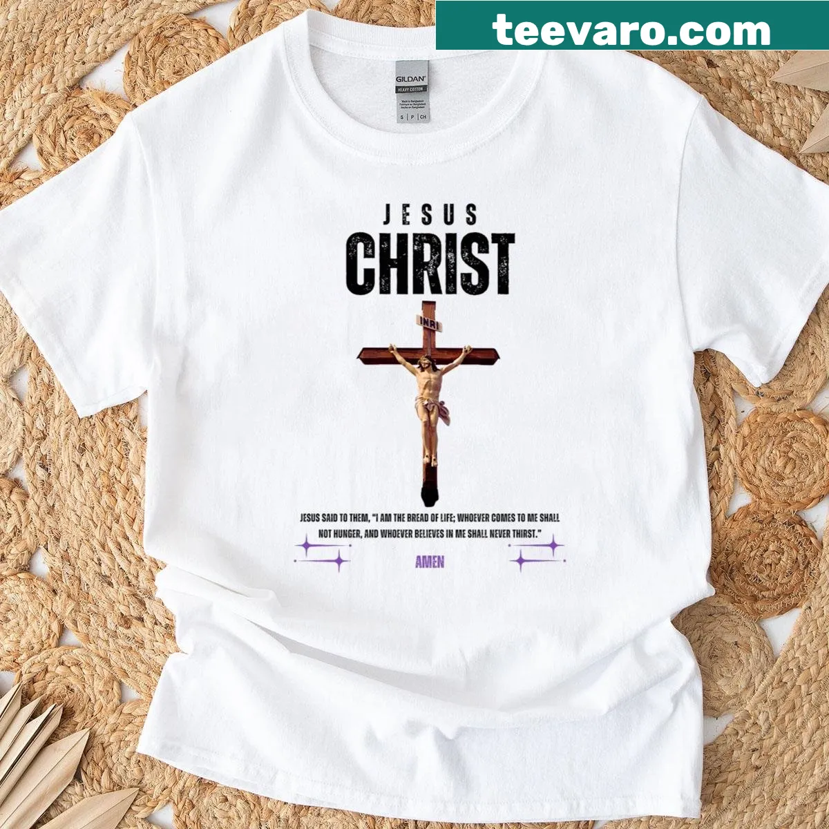 Vintage-style T-shirt with 'Jesus Christ Amen' text design — on a men's t-shirt