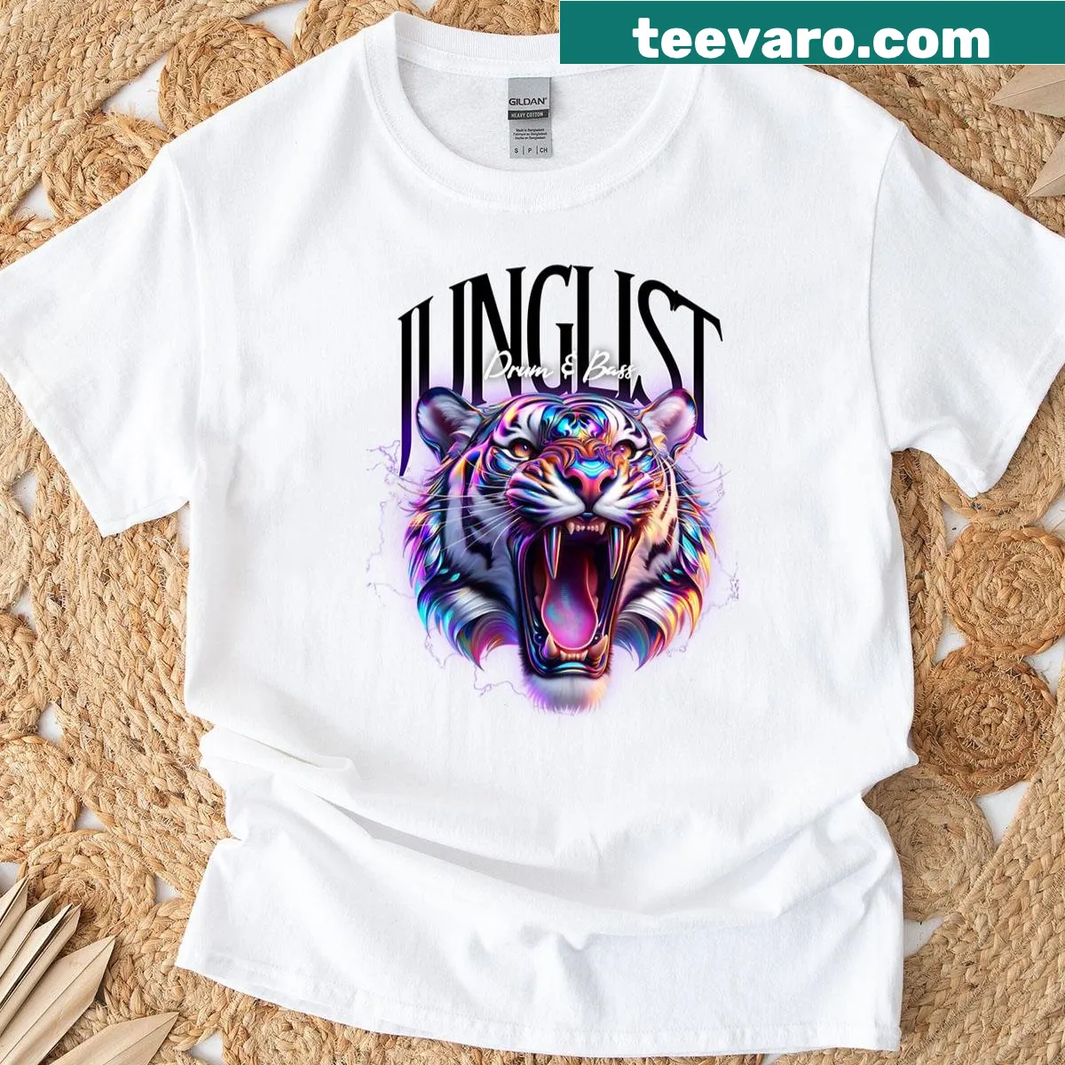 Drum and bass t-shirt with a Junglist Tooth Tiger design — on a men's t-shirt