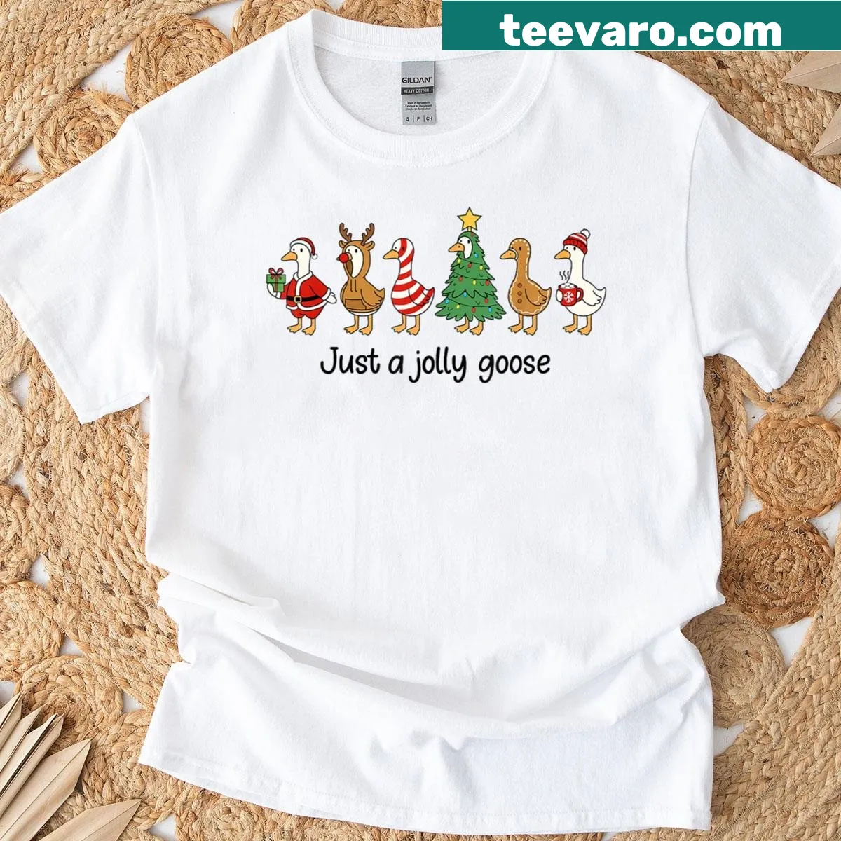 Funny Christmas t-shirt with a cute goose illustration for holiday cheer — on a men's t-shirt