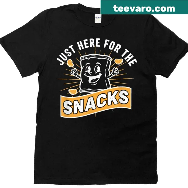 Humorous Foodie t-shirt with text saying 'Just Here For The Snacks'