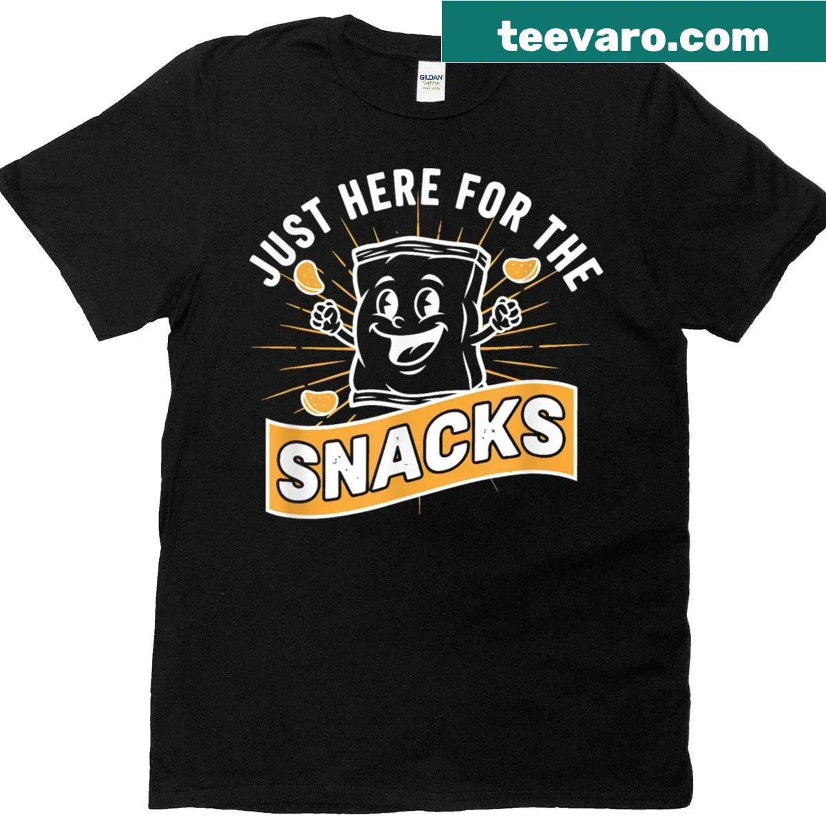 Humorous Foodie t-shirt with text saying 'Just Here For The Snacks' — on a men's t-shirt