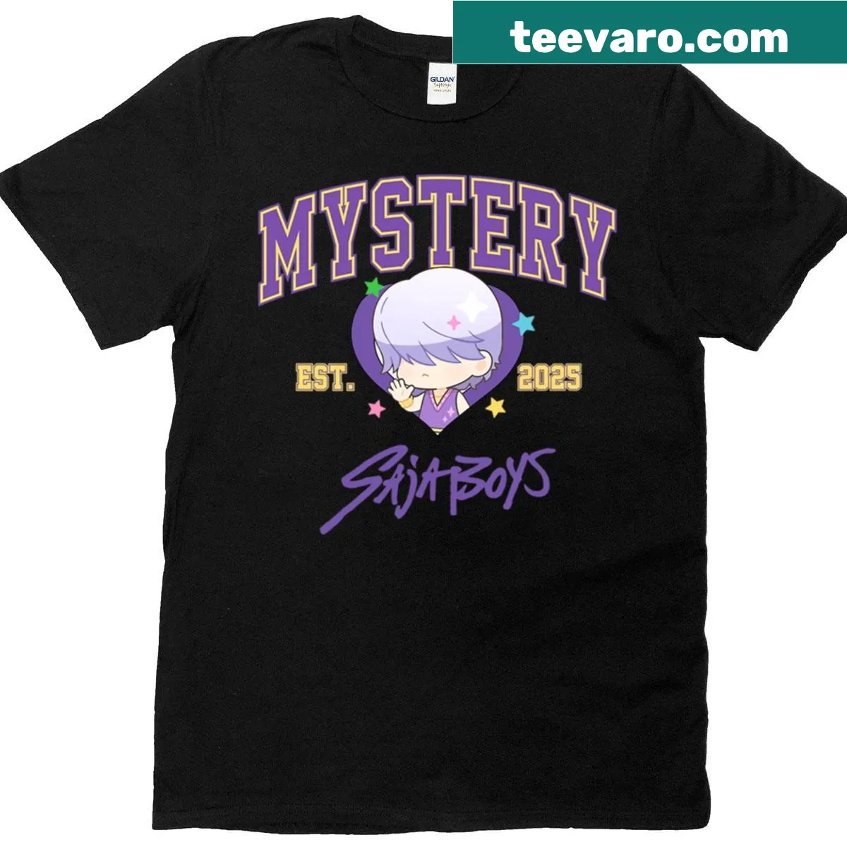 Mysterious chibi-themed K-pop T-shirt featuring adorable characters. — on a men's t-shirt