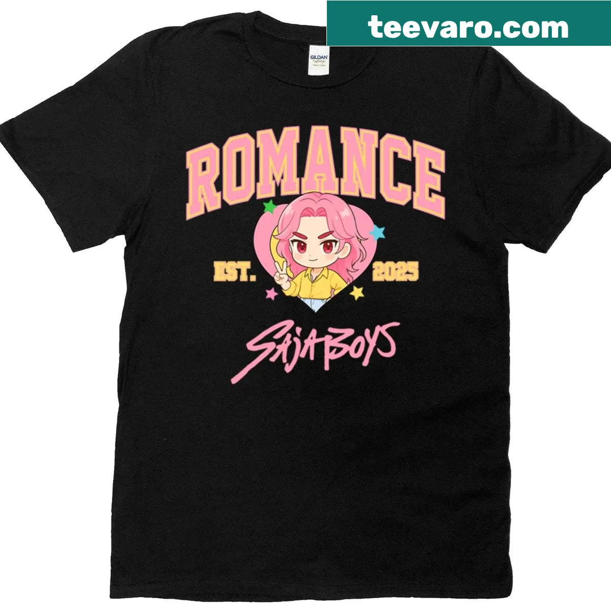 Cute chibi illustration on K-pop Romance T-shirt featuring romantic themes. — on a men's t-shirt