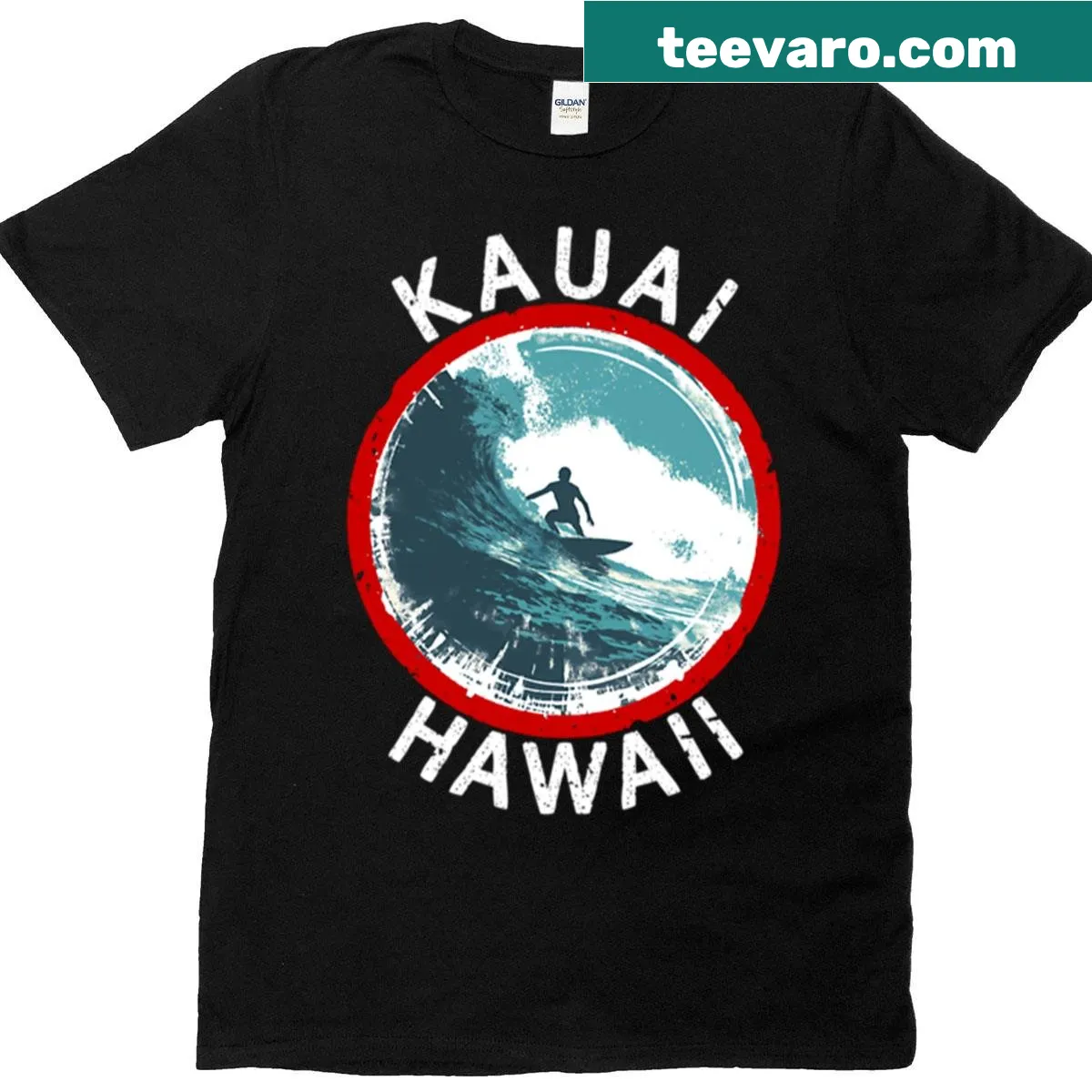 Kauai Hawaii t-shirt with bold white lettering — on a men's t-shirt