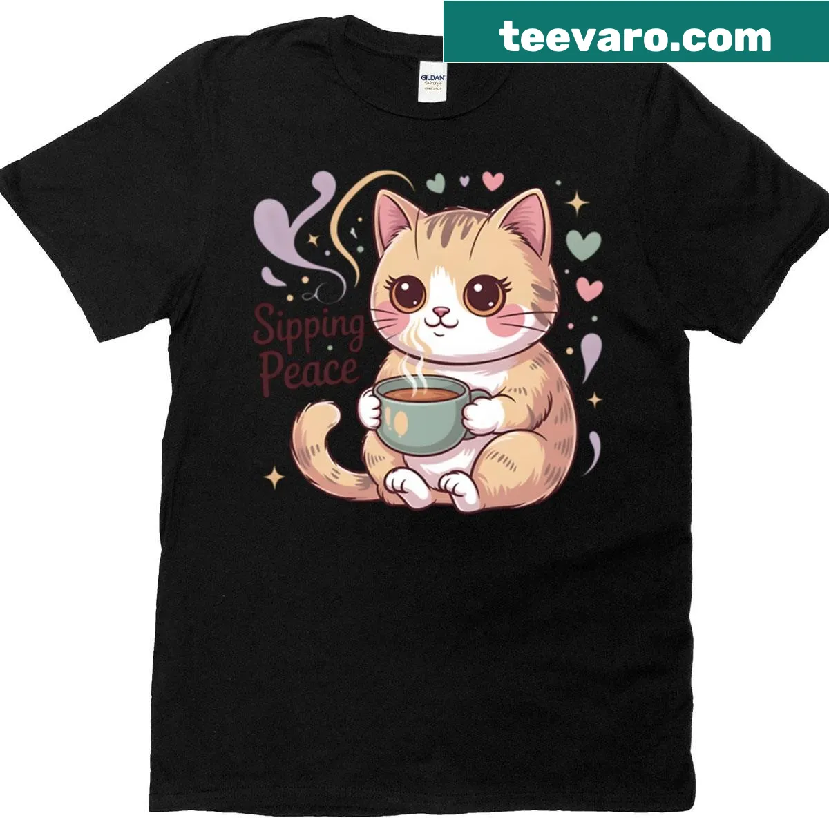 Cute T-shirt featuring a cozy cat drinking coffee in a whimsical style. — on a men's t-shirt