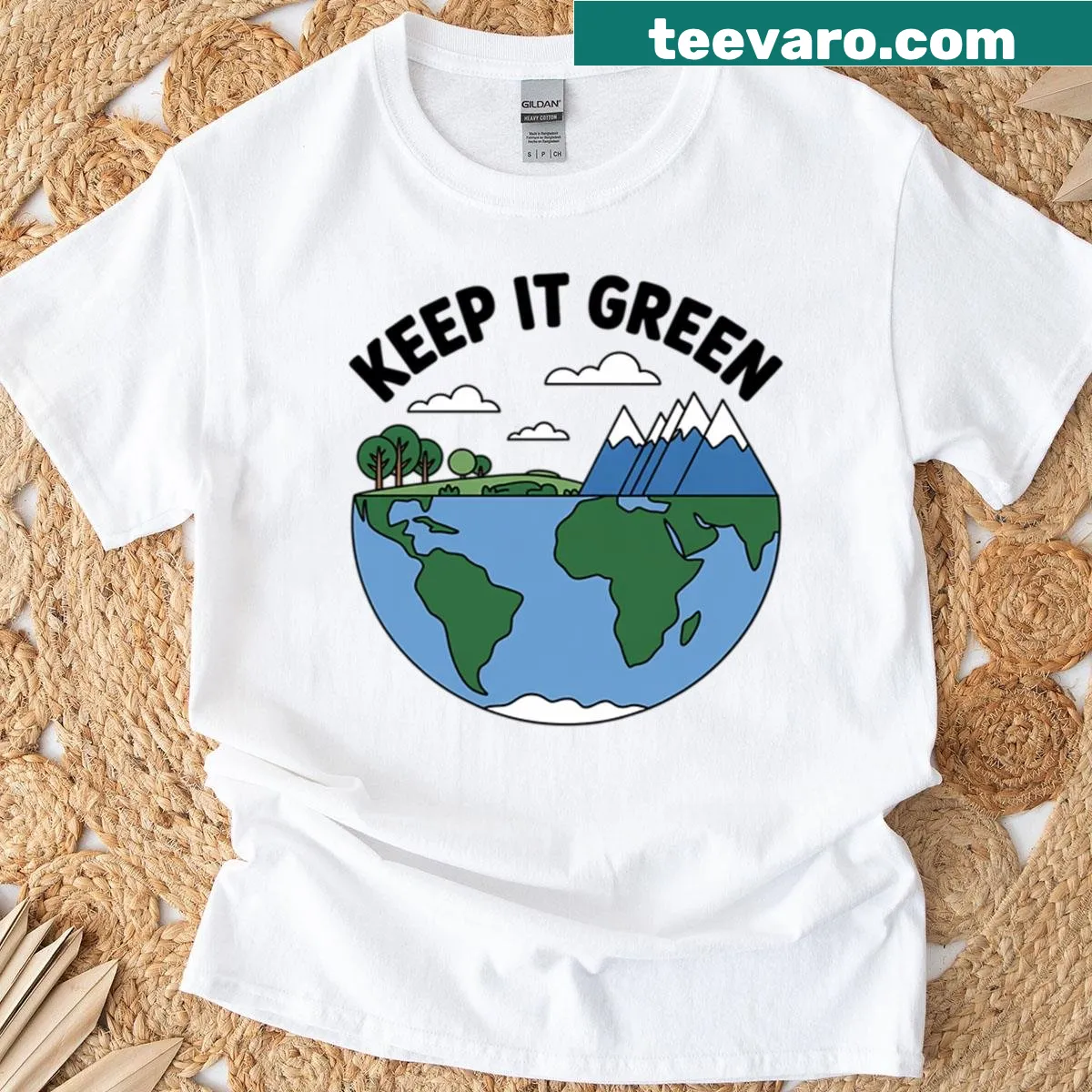 Text 'Keep It Green' on an environmental awareness T-shirt — on a men's t-shirt