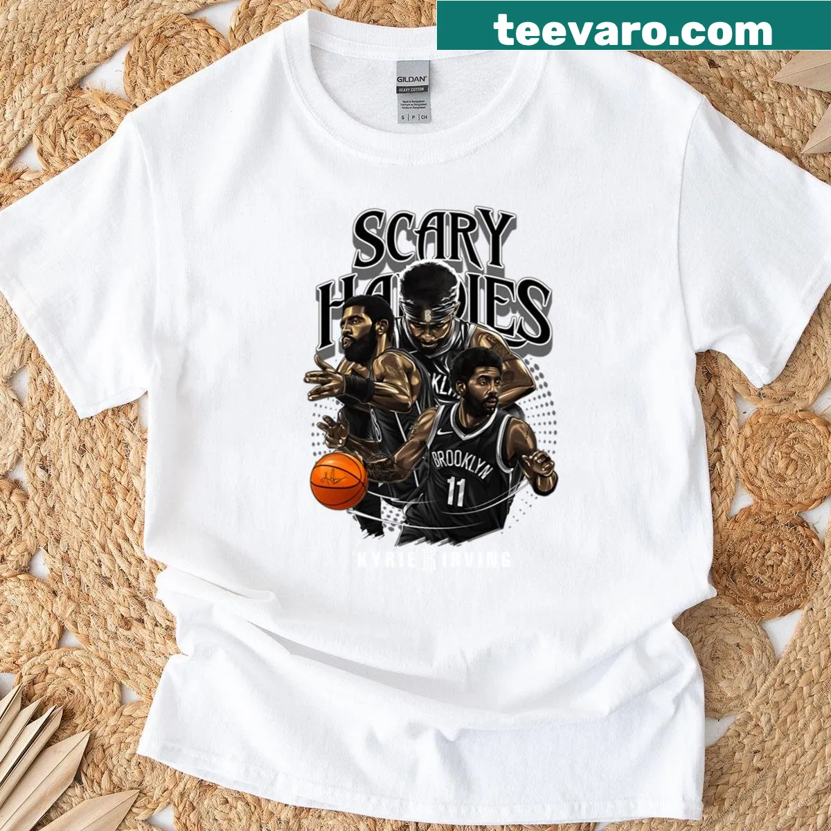 Basketball t-shirt featuring Kyrie Irving's skills design — on a men's t-shirt