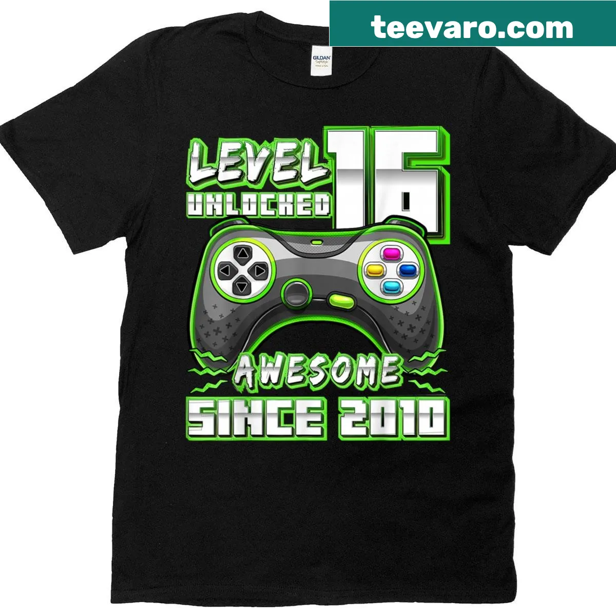 Birthday T-shirt for gamers featuring the phrase, "Level 16 Unlocked" — on a men's t-shirt